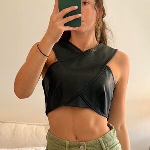 BCBG Max Azria black leather crop top with cross over detail